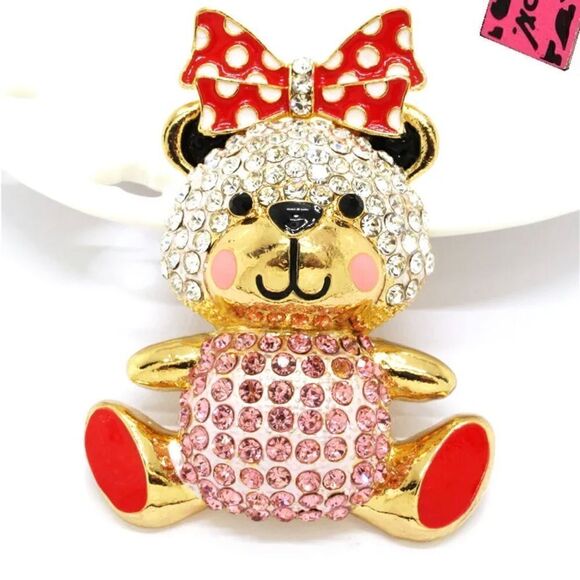 Pink Enamel Cute Bow Bear Crystal Charm Brooch NWOT - Picture 1 of 3